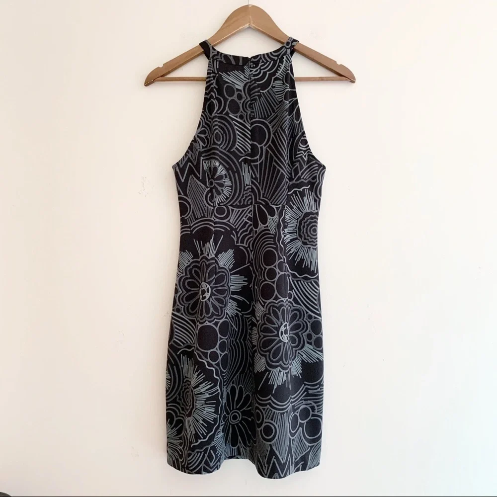 Trina Turk Grey Retro Floral Print Jersey Halter Dress Sz 2 Summer Vacation